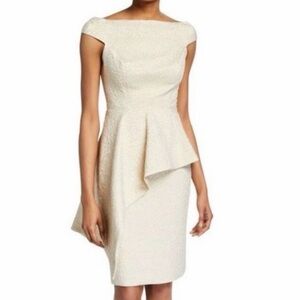 Rickie Freeman Teri Jon Peplum Gold Metallic Textured Jacquard Asymmetric Dress